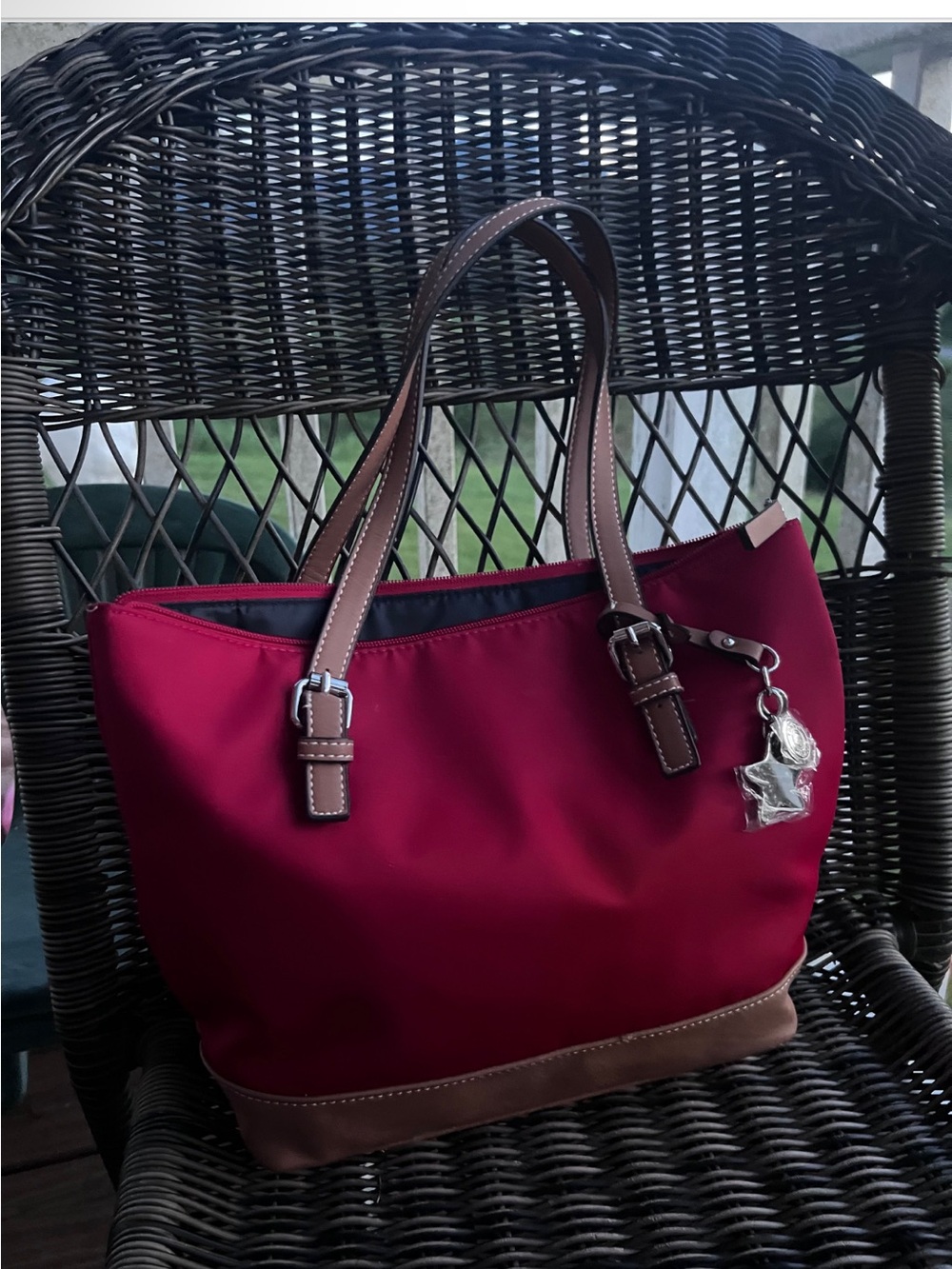 Tommy Hilfiger Wine Red Tote with Brown Trim and Charm